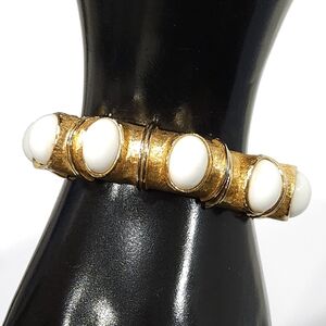 Kramer Geoffrey Beene Vintage Gold Bangle Bracelet White Faux Stone Cabochons